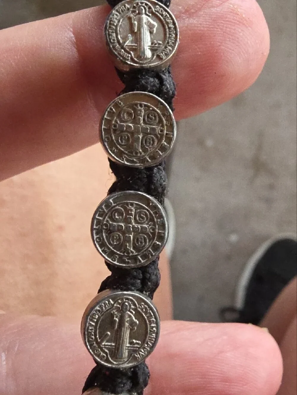 Unisex Black Cord Macrame Bracelet with Silver Saint Benedict Metals  Medallions